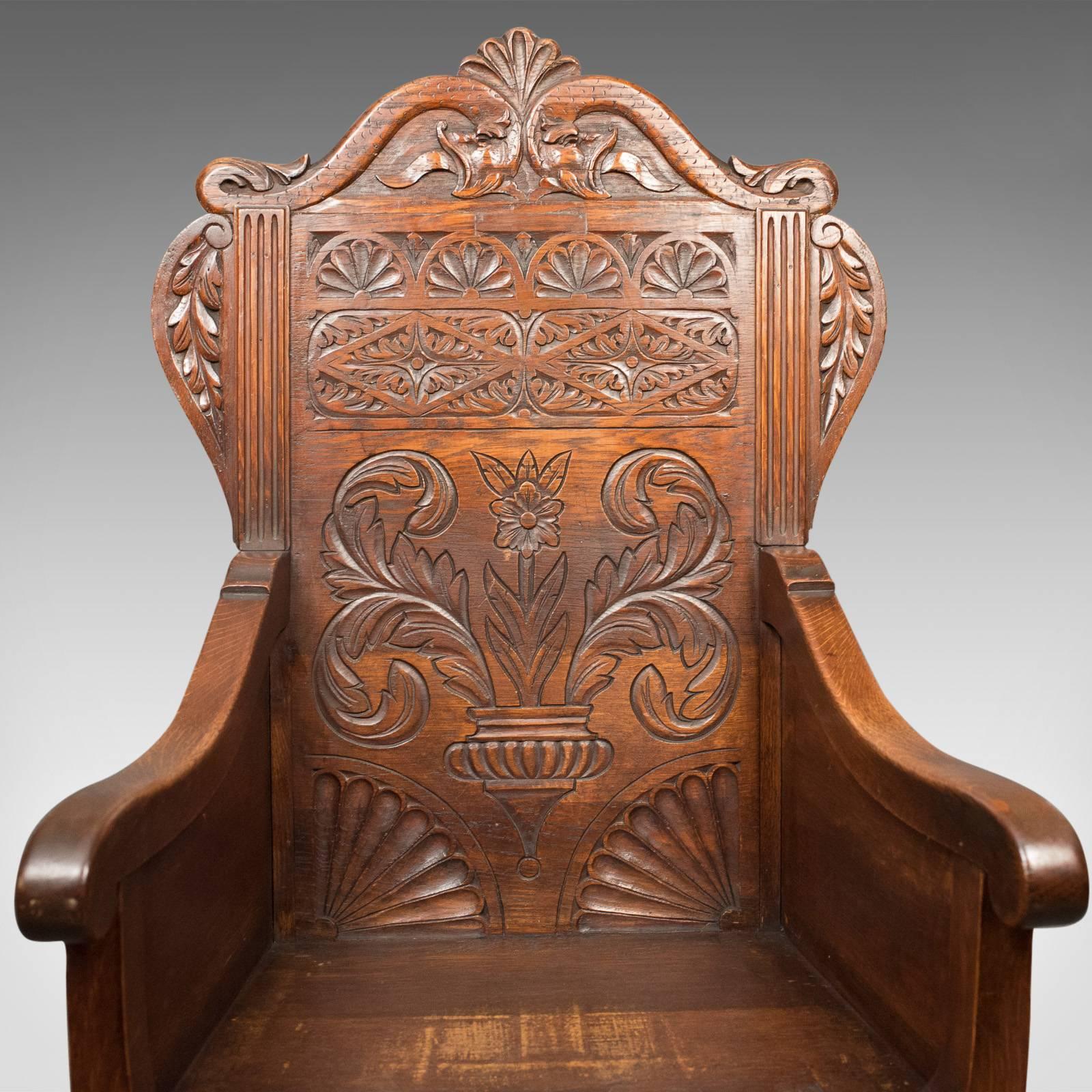 Antique Pair of Baronial Hall Chairs, English Oak Armchairs, circa 1900 1