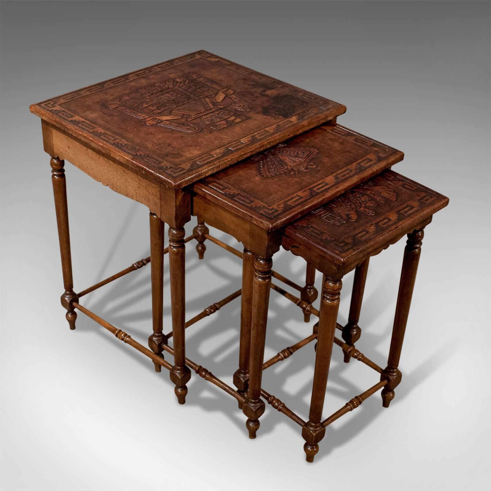 Nest of Side Tables Embossed Bolivian Inca Leather Tops Edwardian, circa 1910 In Good Condition In Hele, Devon, GB