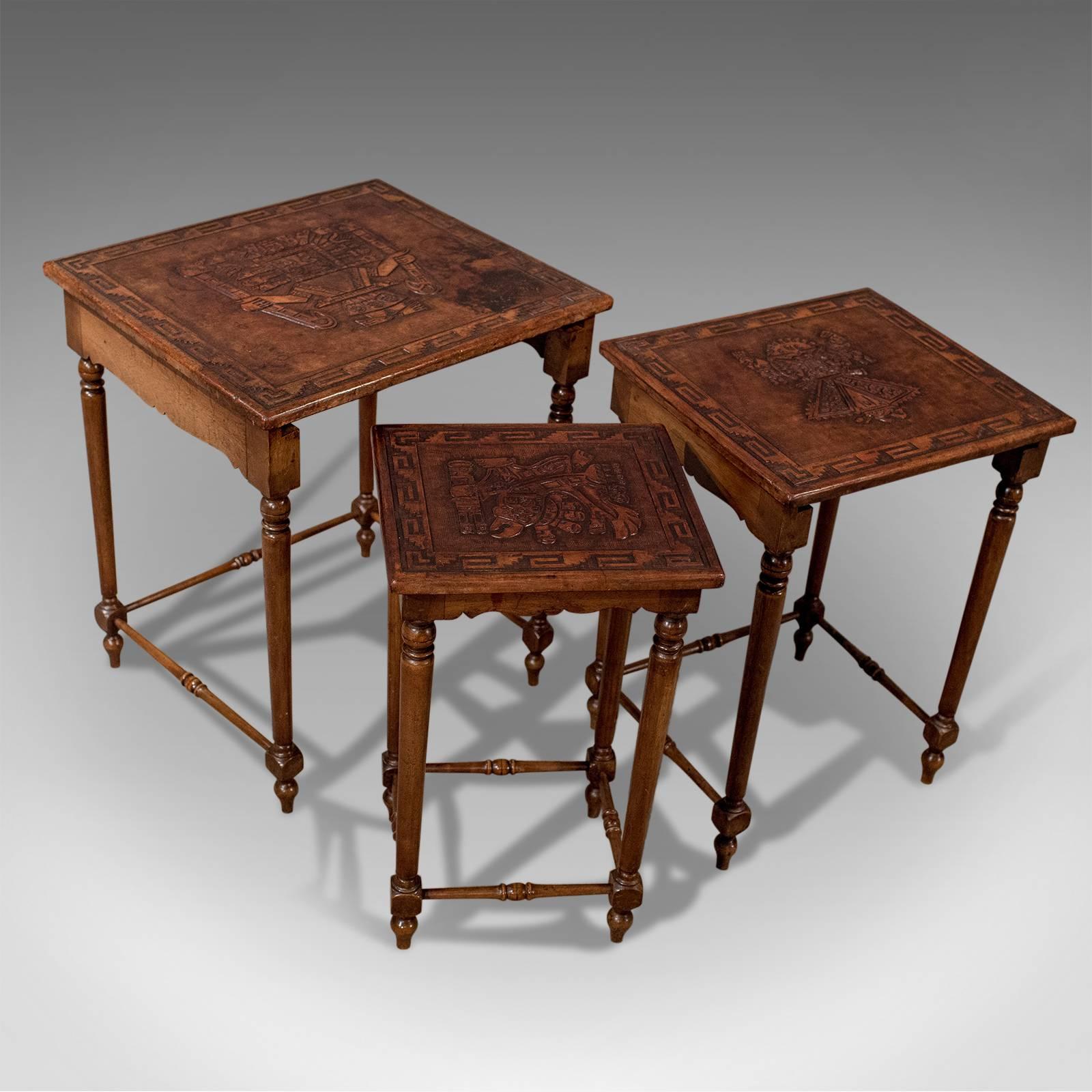 20th Century Nest of Side Tables Embossed Bolivian Inca Leather Tops Edwardian, circa 1910