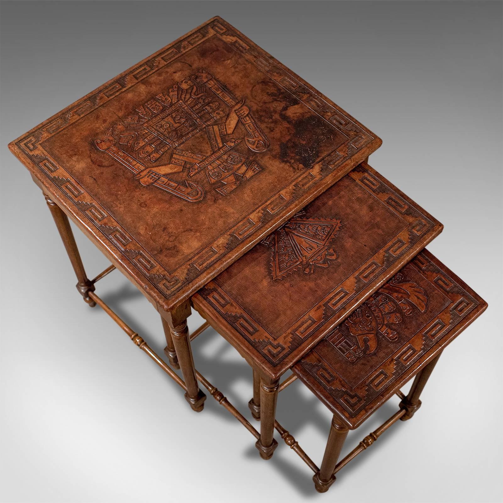 Nest of Side Tables Embossed Bolivian Inca Leather Tops Edwardian, circa 1910 1