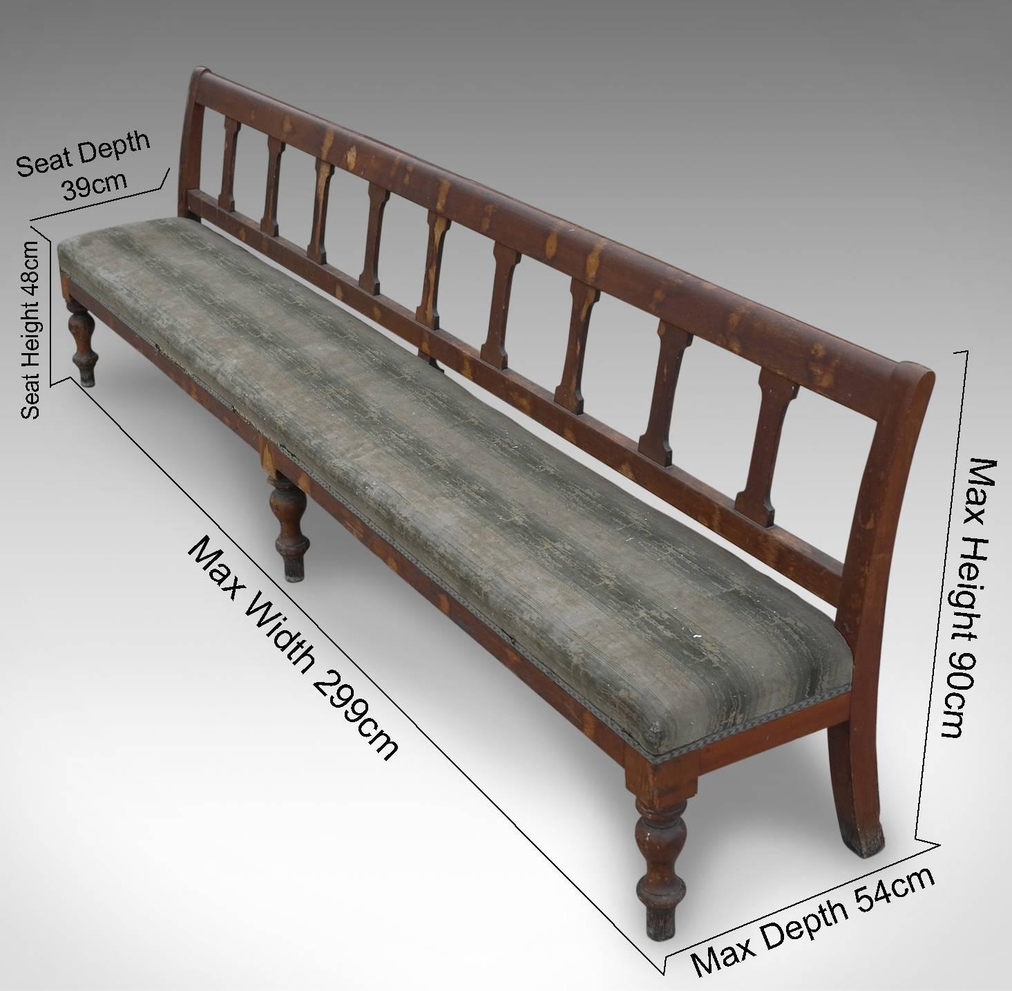 A most pleasing long station bench presented in good antique condition
Classic English Victorian well crafted item of functional furniture
Dressed with aged textile showing expected signs of regular use - the bench would welcome re-covering and