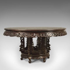 Traditional Oriental Rosewood Dining Table and Set of Six Chairs, Carved Suite