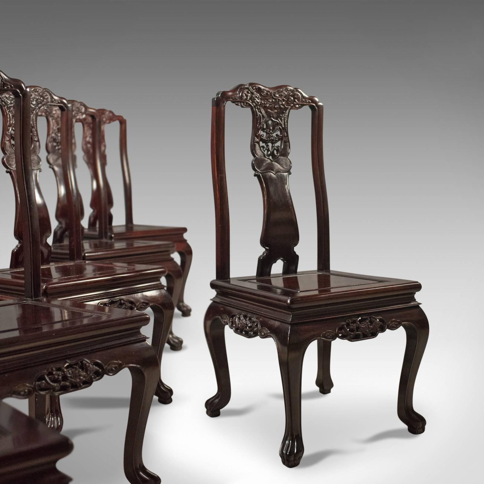 Chinoiserie Traditional Oriental Rosewood Dining Table and Set of Six Chairs, Carved Suite