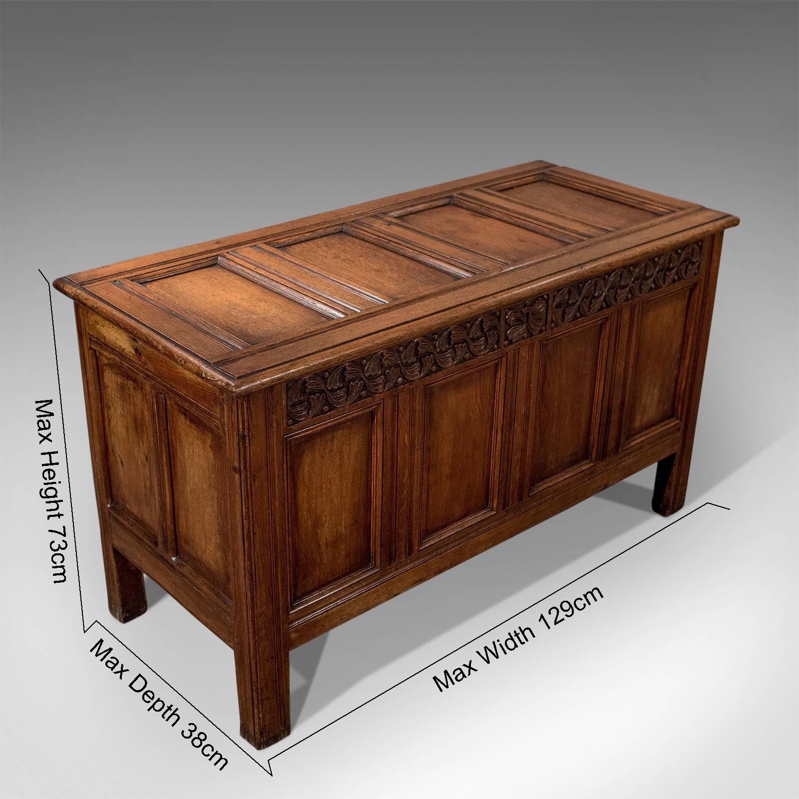 A most pleasing Georgian coffer chest presented in good antique condition
With Classic four field-panel front
Delightfully dressed with geometric foliate carved detailing to the front frieze
Generous in size offering practical storage with good