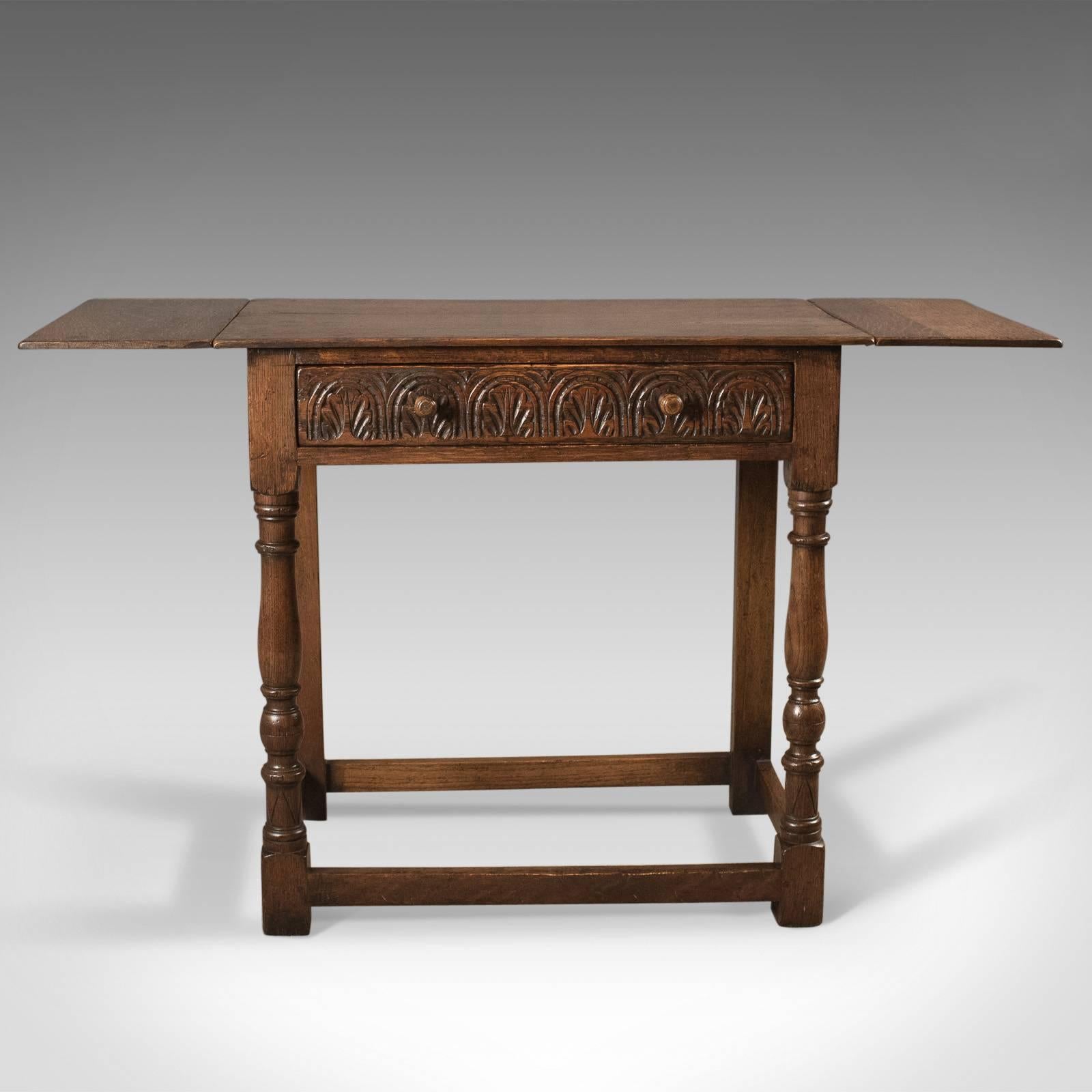 Queen Anne Antique Drop Flap Side Table, Victorian 17th Century Revival, English Oak