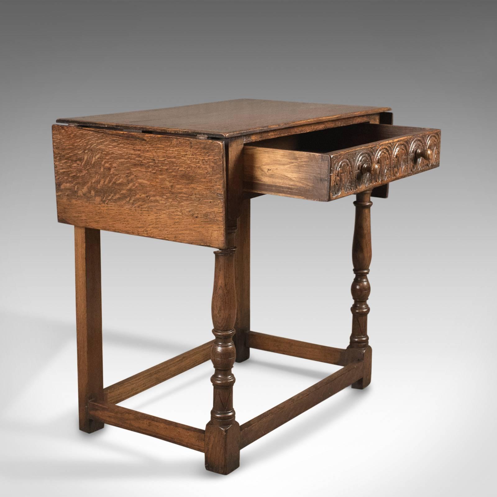 Antique Drop Flap Side Table, Victorian 17th Century Revival, English Oak In Good Condition In Hele, Devon, GB