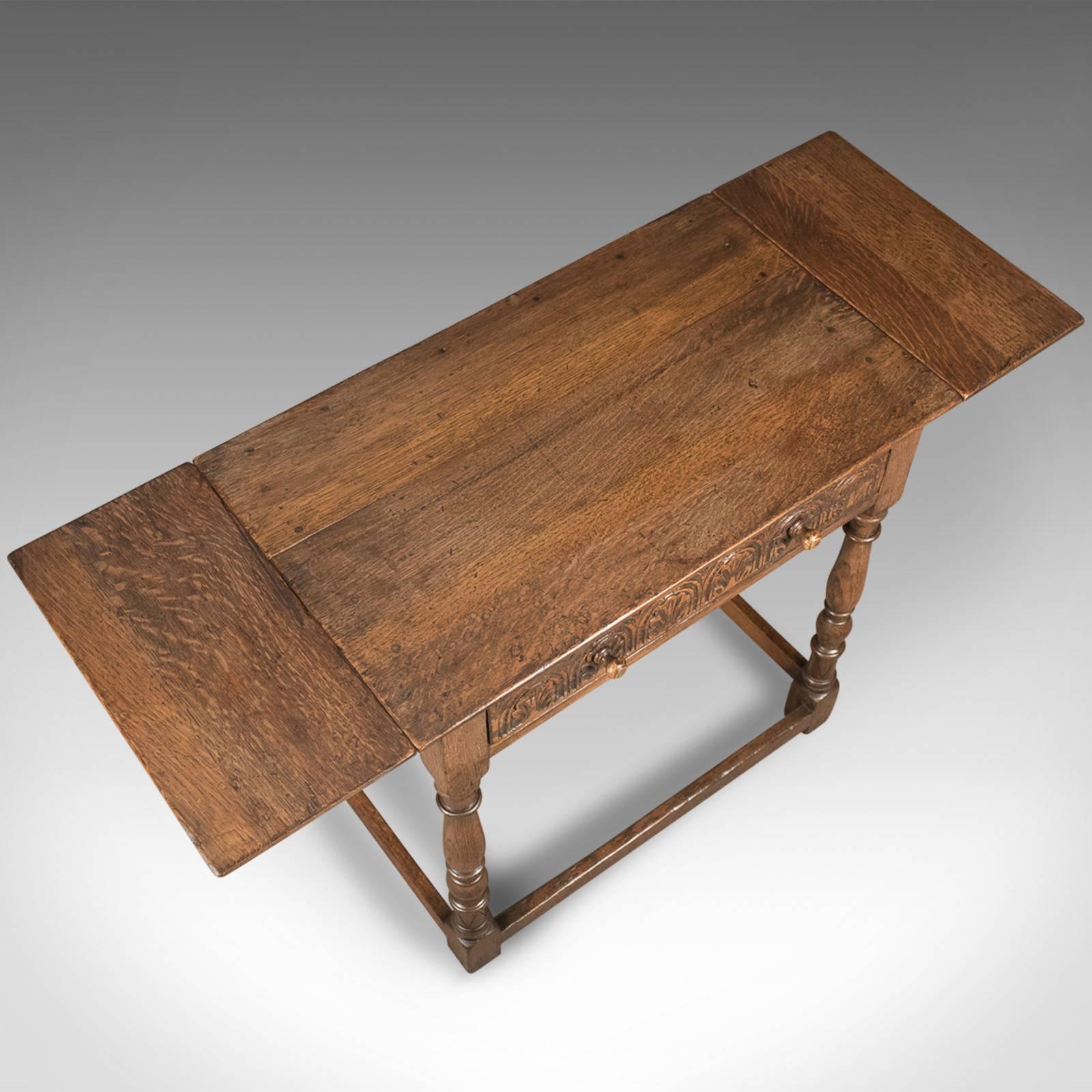 19th Century Antique Drop Flap Side Table, Victorian 17th Century Revival, English Oak