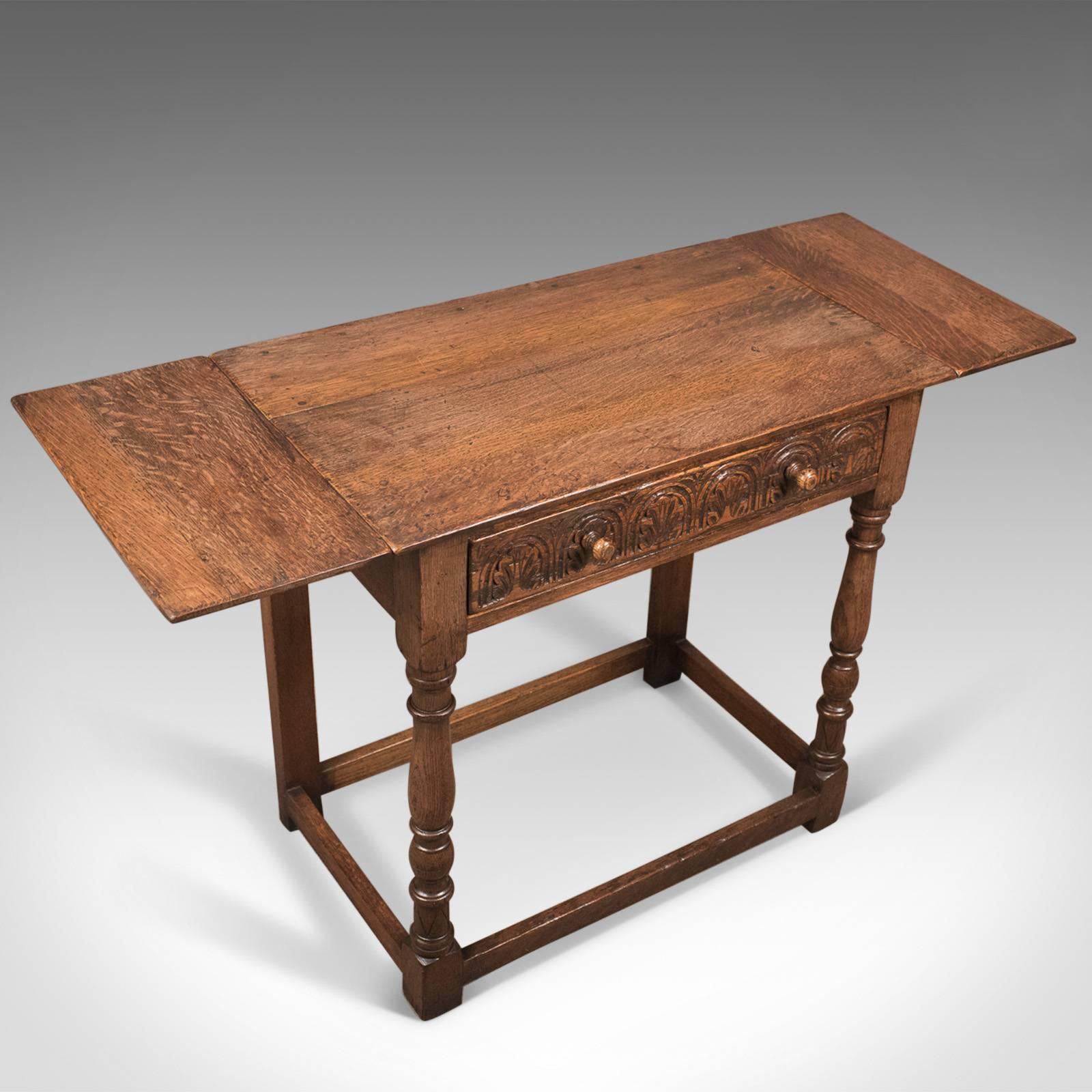 Antique Drop Flap Side Table, Victorian 17th Century Revival, English Oak 1