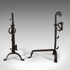 Gothic Wrought Iron Firedogs, Medieval Revival Andirons, Late 20th Century