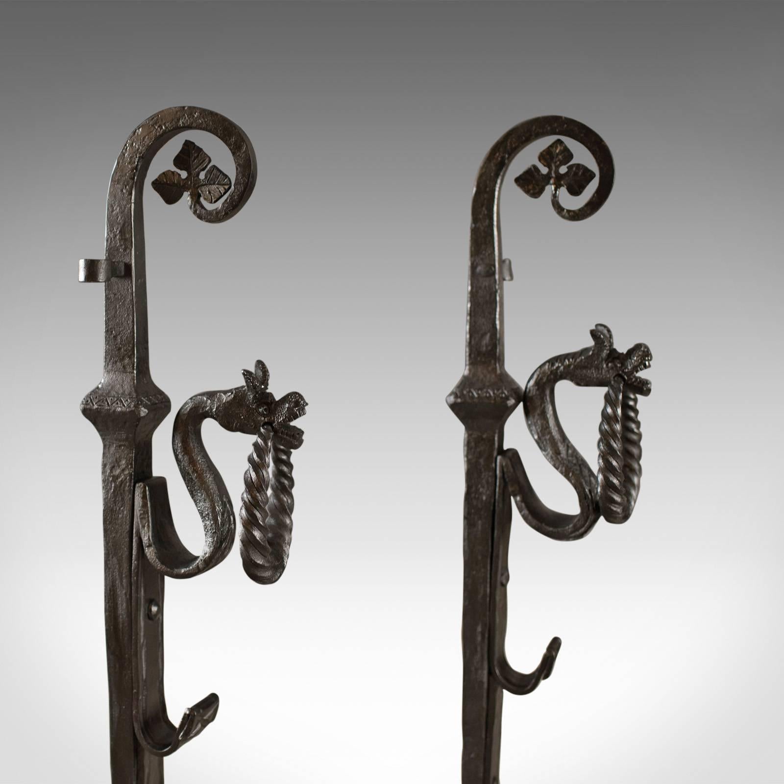 Gothic Revival Gothic Wrought Iron Firedogs, Medieval Revival Andirons, Late 20th Century