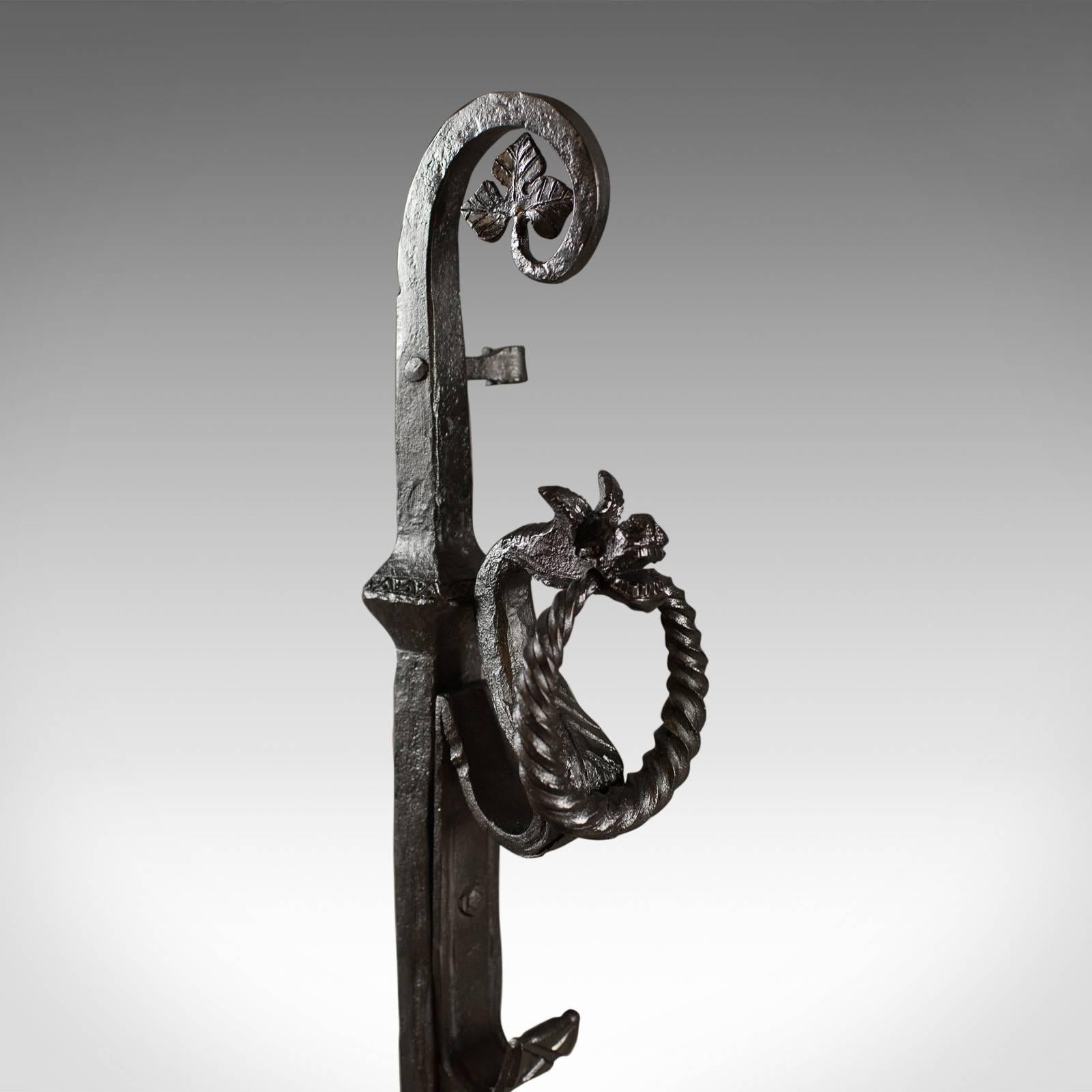 English Gothic Wrought Iron Firedogs, Medieval Revival Andirons, Late 20th Century