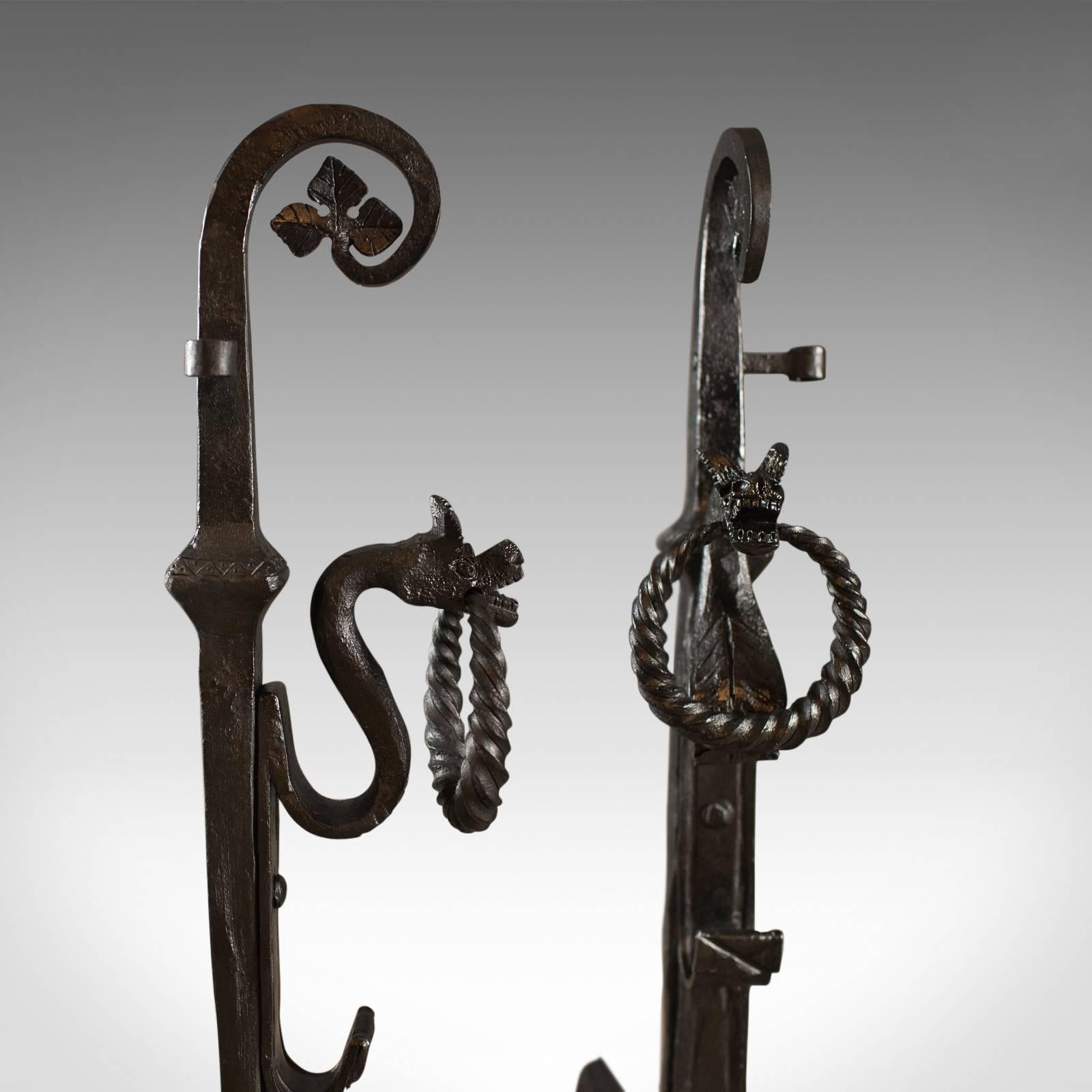 Gothic Wrought Iron Firedogs, Medieval Revival Andirons, Late 20th Century 1