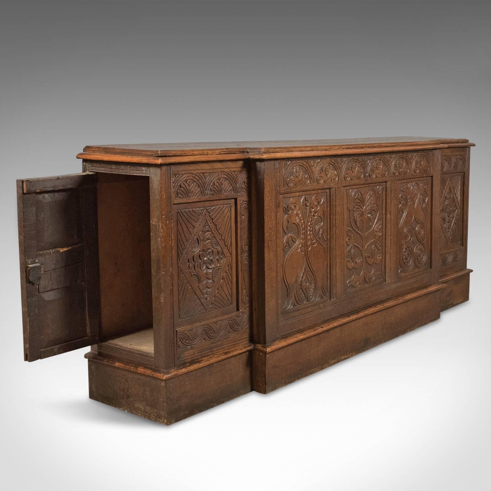 Queen Anne Antique Long Cupboard, English Carved Oak Dresser Base Cabinet
