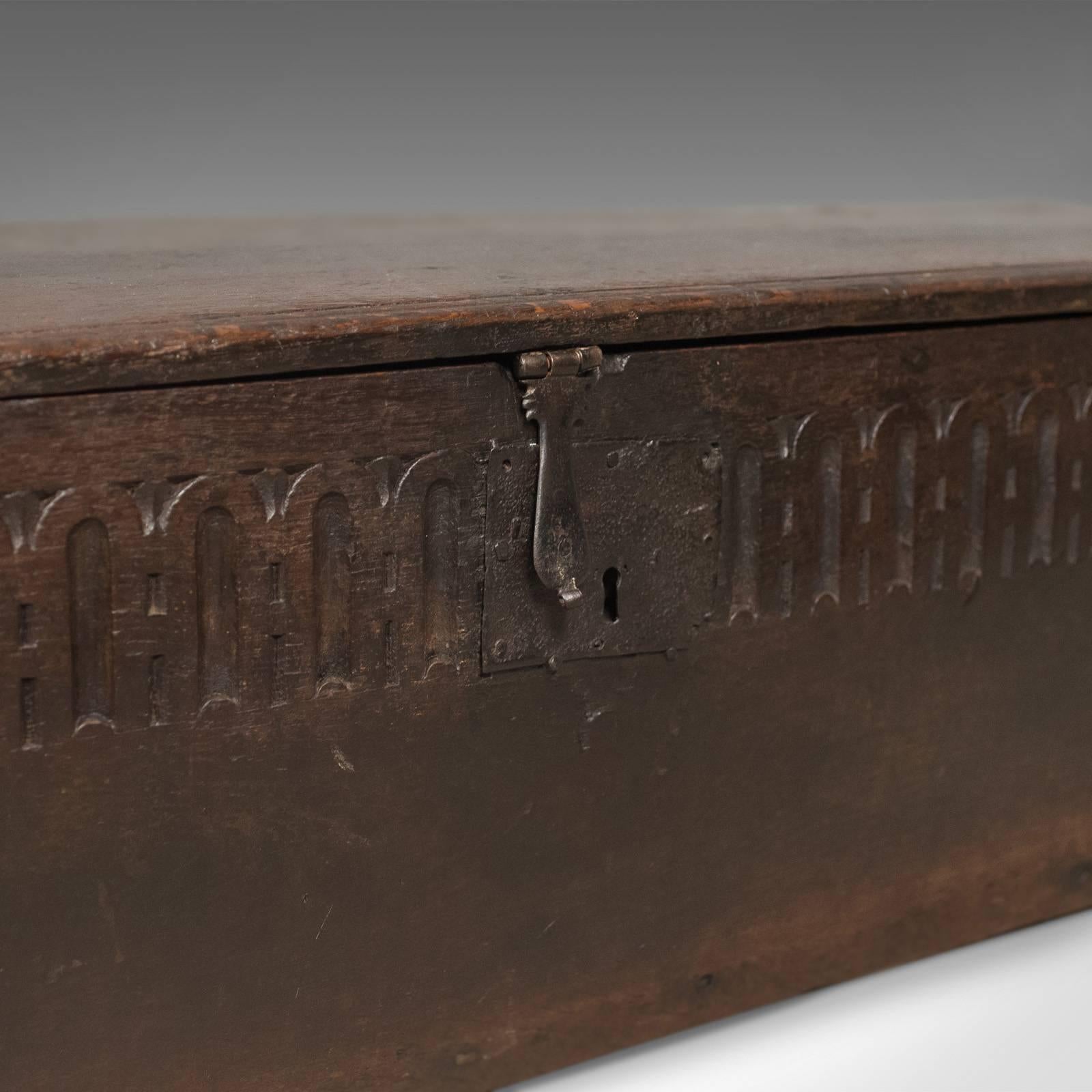 Antique Coffer in Oak, Six Plank Sword Chest, English, Mid-17th Century Trunk 3