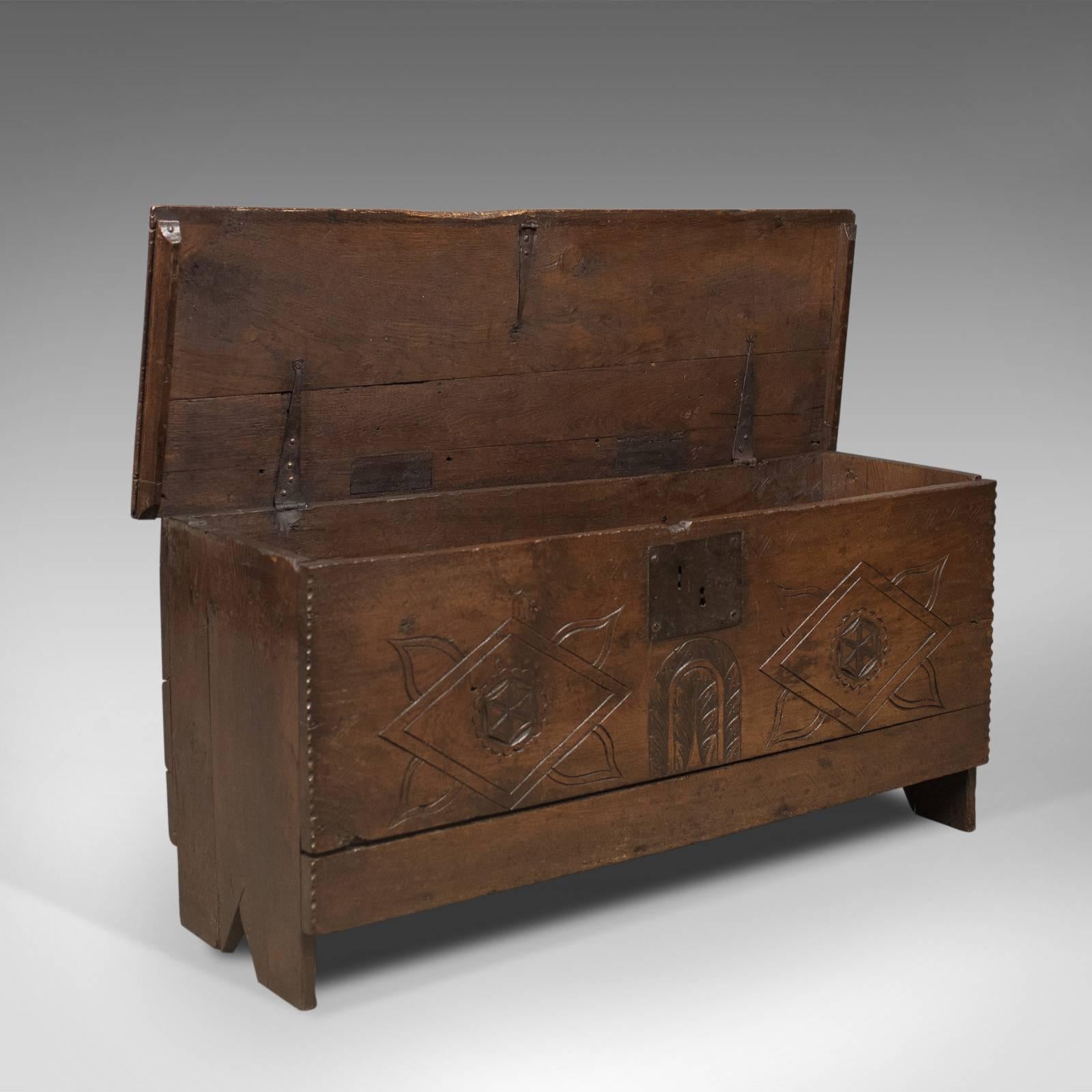 18th Century and Earlier Antique Coffer, Six Plank Sword Chest, English Oak, 17th Century, circa 1670