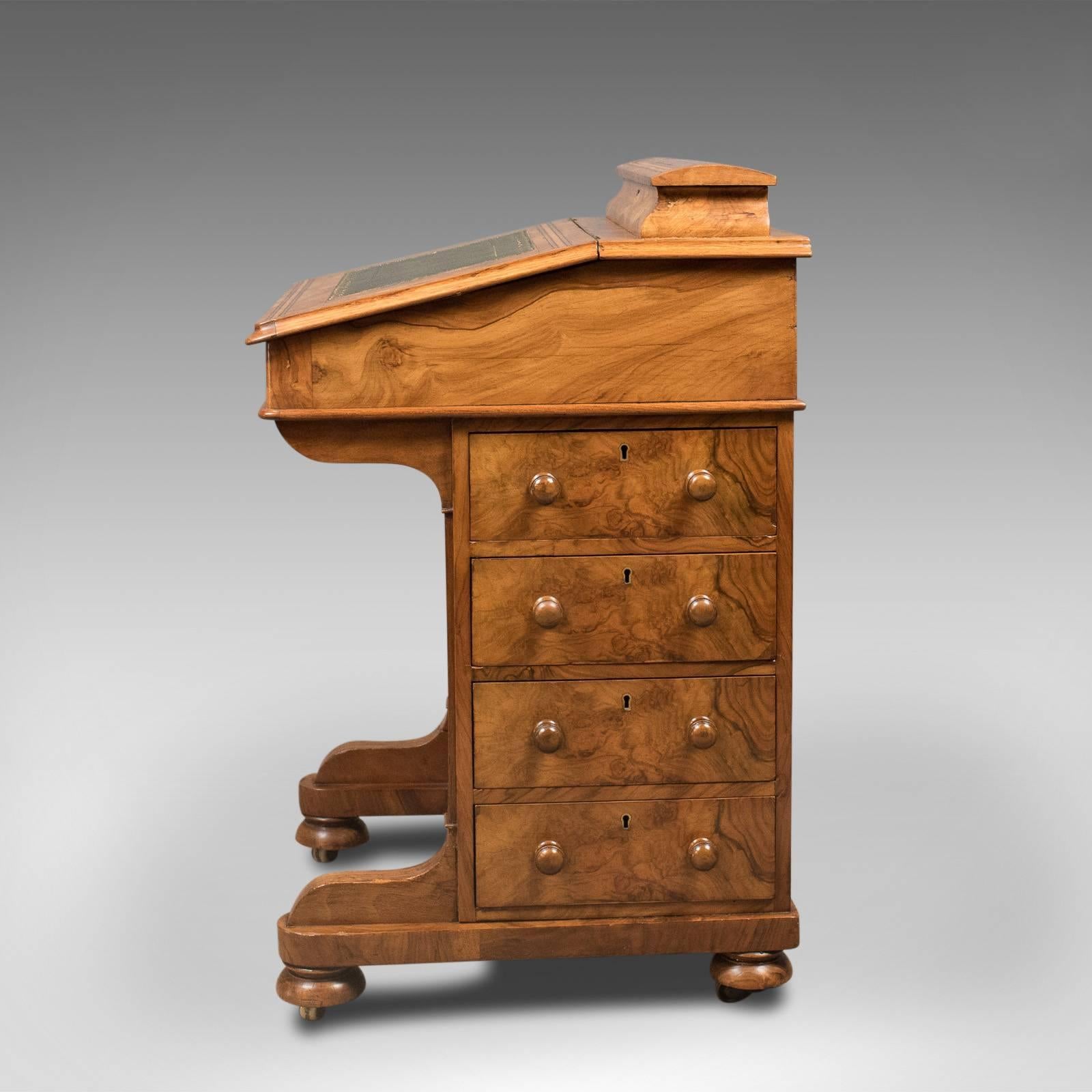 19th Century Victorian Antique Davenport, Burr Walnut English Desk, Writing Table, circa 1850