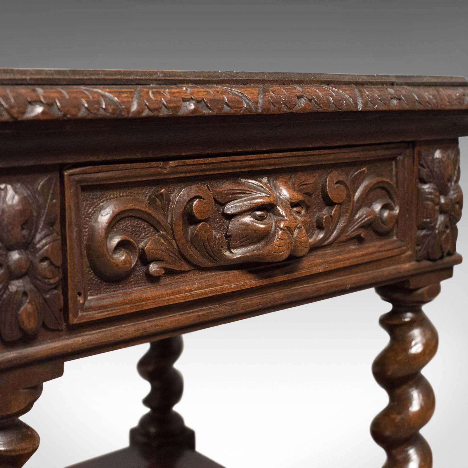 19th Century Antique Side Table, Carved Green Man English Oak Stand, Whatnot, circa 1880