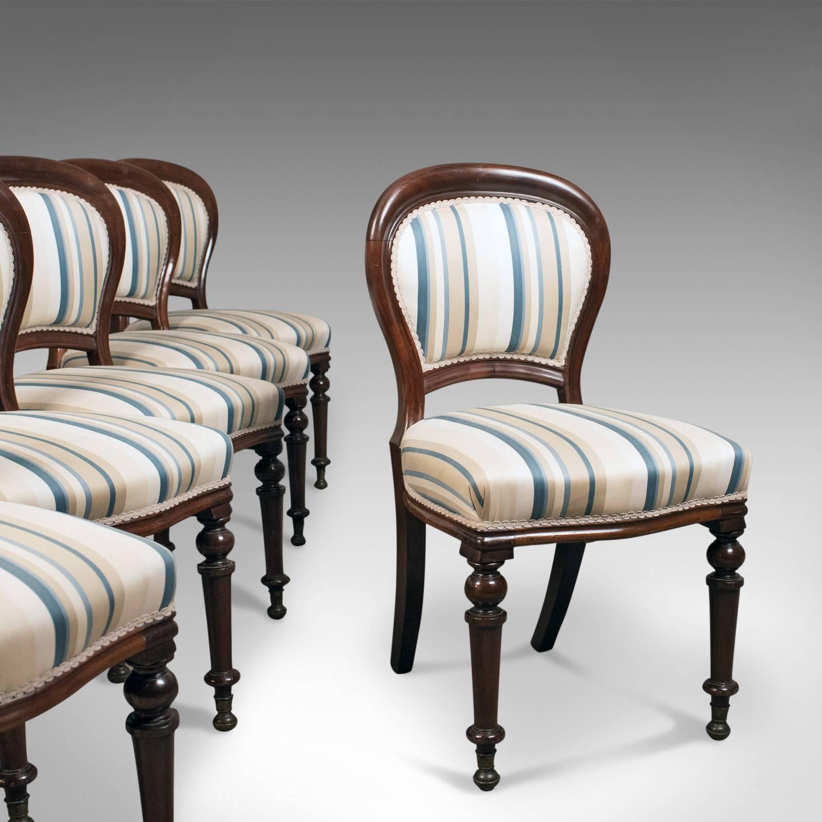 This is a set of six antique dining chairs, English, Victorian, mahogany, circa 1860.

Very fine examples, in very good order
Dark, polished, heavy mahogany frames
Well stuffed and sprung offering a comfortable seat

Professionally upholstered