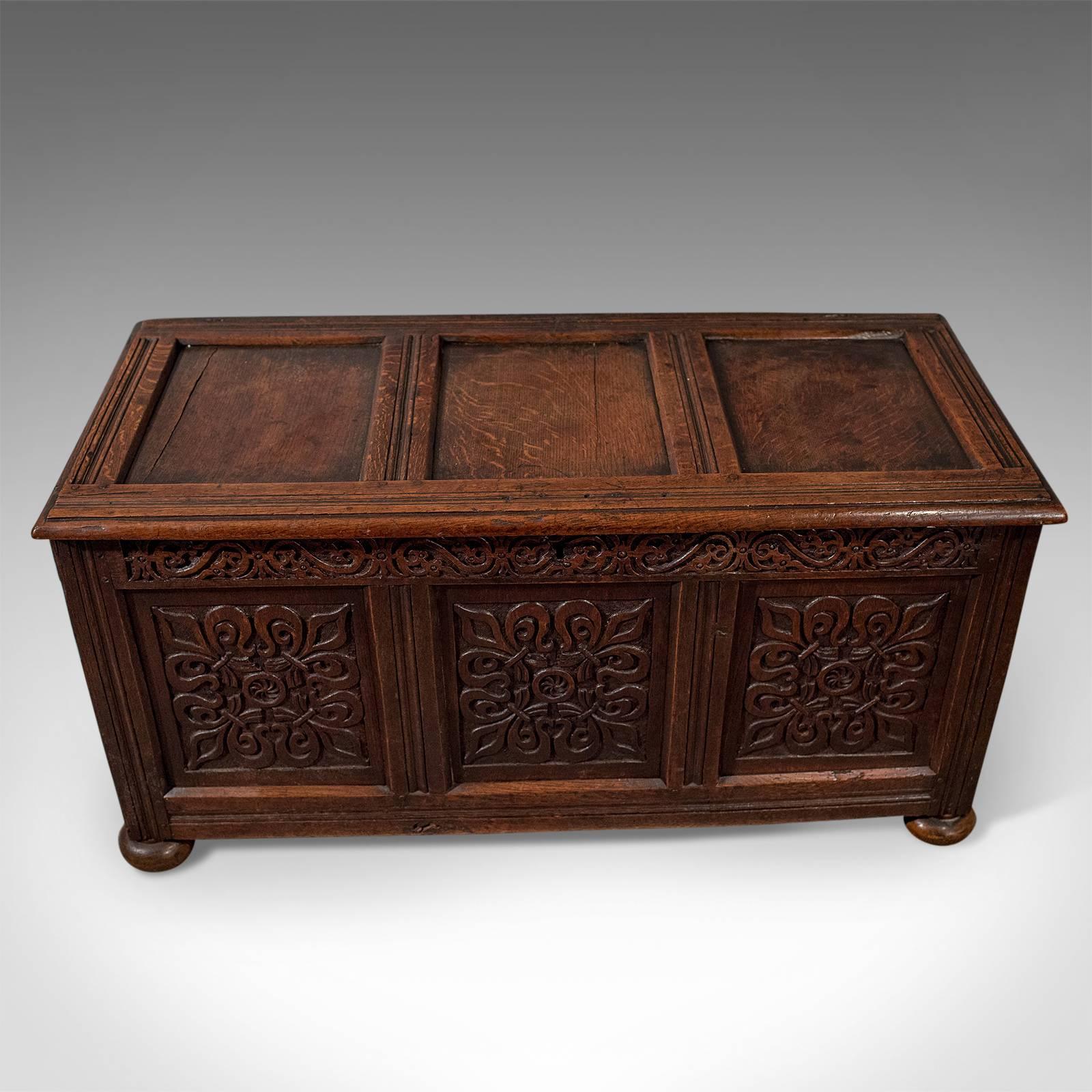 This is a carved antique coffer, an English oak joined chest dating to the Queen Anne period, circa 1700.

Glorious color and desirable aged patina
Vigorously carved geometric decoration to the front panels
Foliate frieze to carved upper