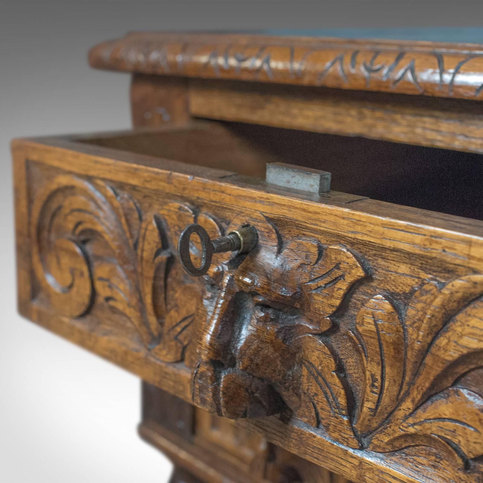 Antique Green Man Desk, English Oak, Victorian Lowboy, Writing Table, circa 1900 4