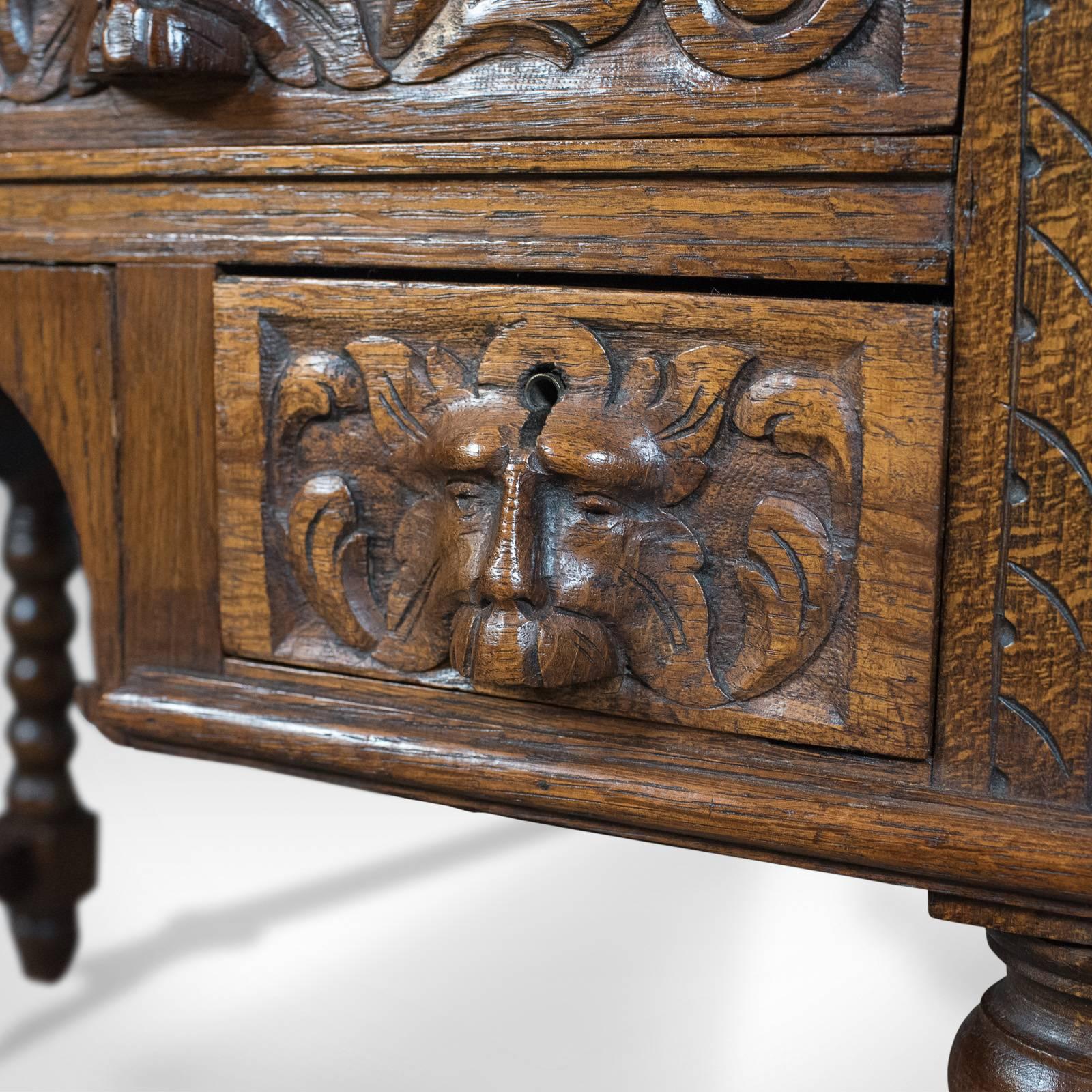 Antique Green Man Desk, English Oak, Victorian Lowboy, Writing Table, circa 1900 5