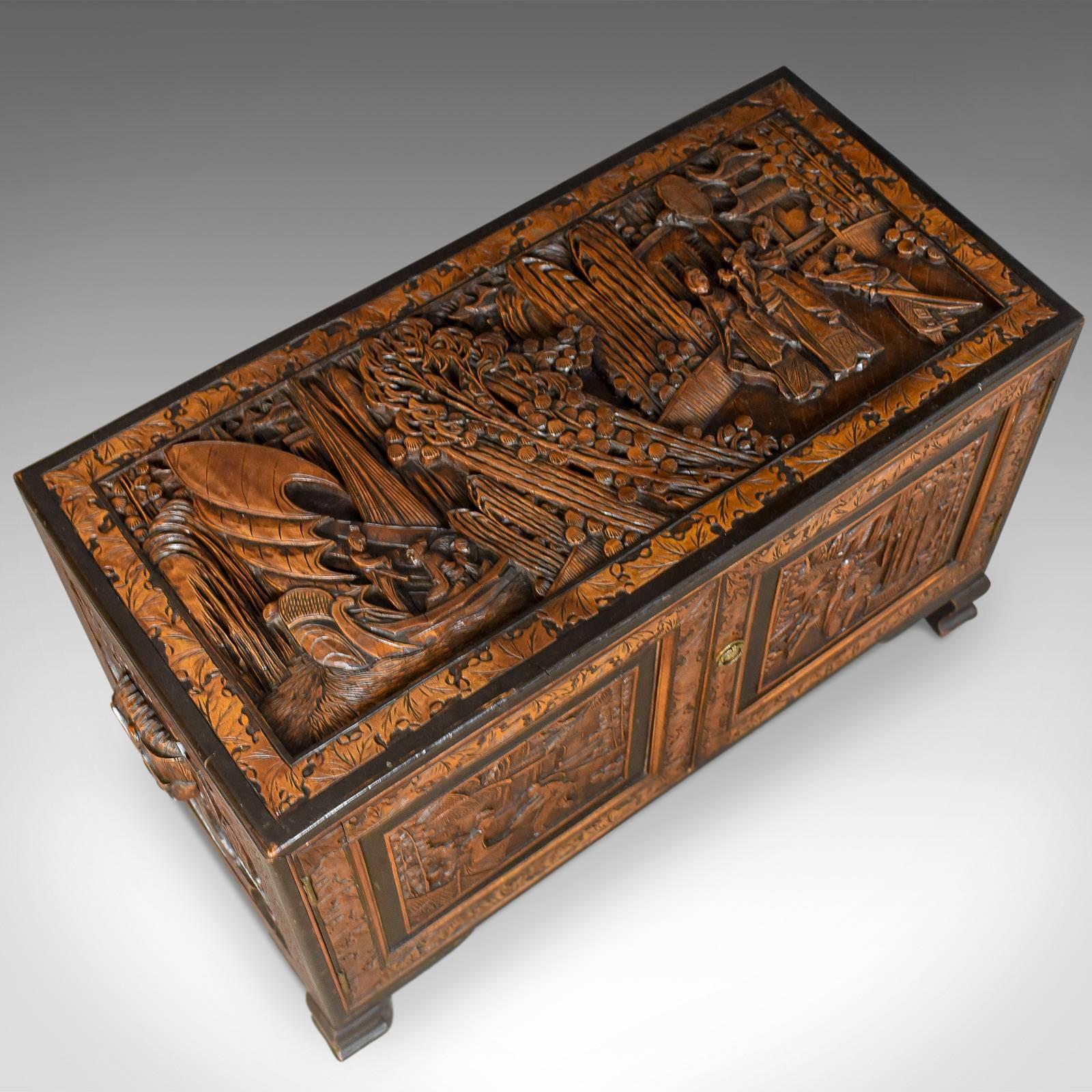 Chinoiserie Early 20th Century Camphor Wood Chest, Oriental Carved Trunk