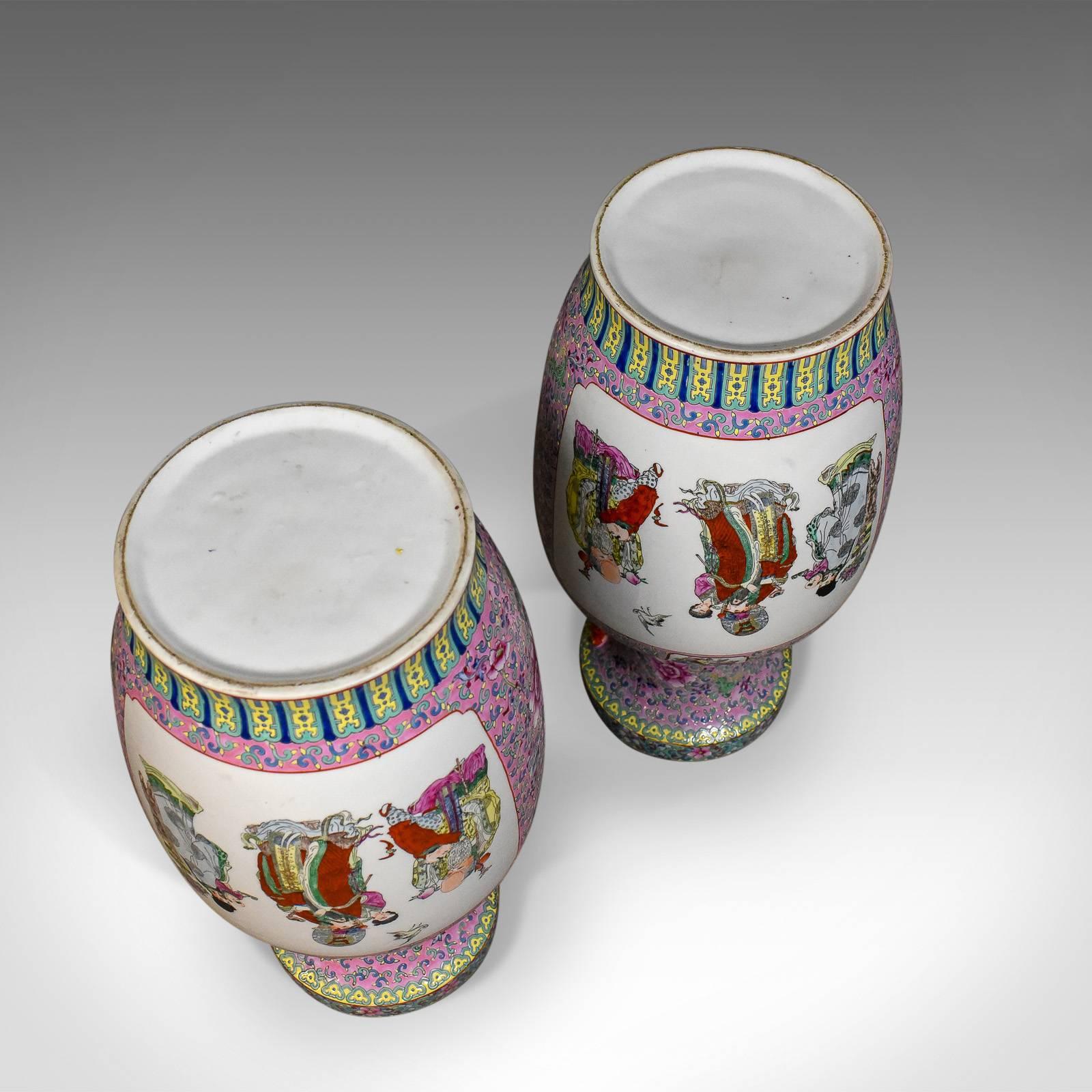 Midcentury Pair of Chinese Baluster Vases, Hand-Painted Ceramic Urns 2