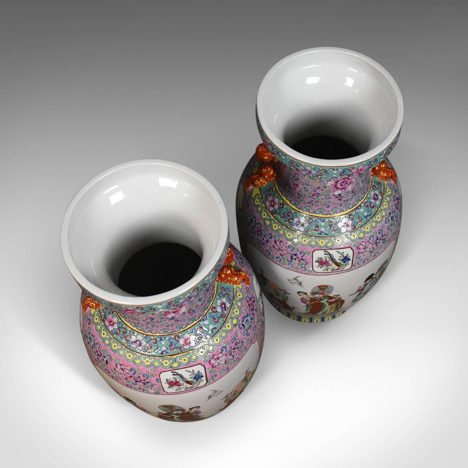 Midcentury Pair of Chinese Baluster Vases, Hand-Painted Ceramic Urns 1