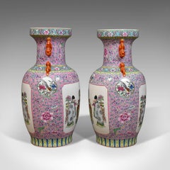 Midcentury Pair of Chinese Baluster Vases, Hand-Painted Ceramic Urns