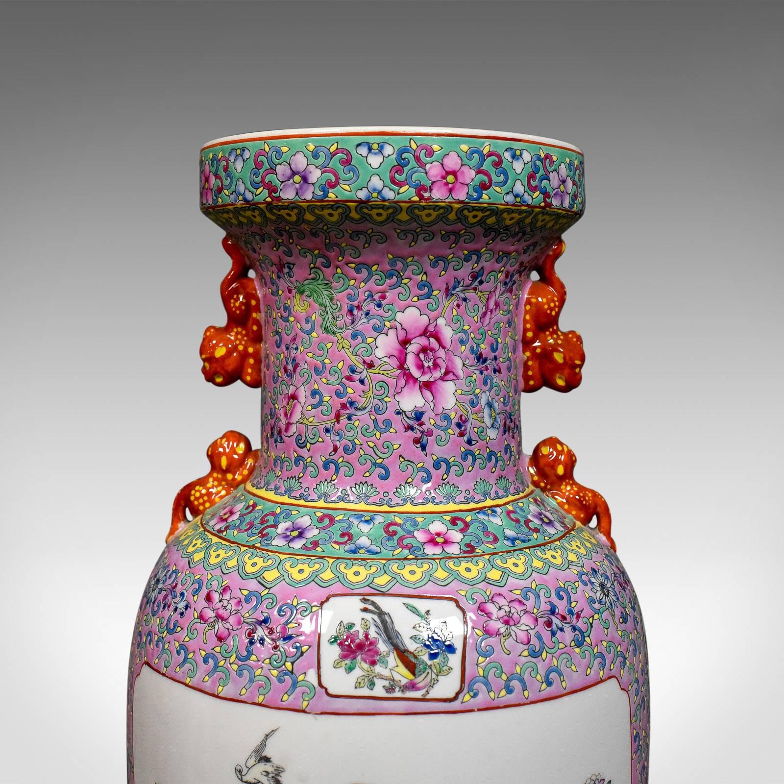 Chinese Export Midcentury Pair of Chinese Baluster Vases, Hand-Painted Ceramic Urns