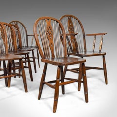 Set of Six Antique Dining Chairs, English, Hoop Back, Windsor, Wheelback Elm