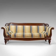 Large Antique Scroll End Settee, Regency Mahogany Sofa Daybed, circa 1820