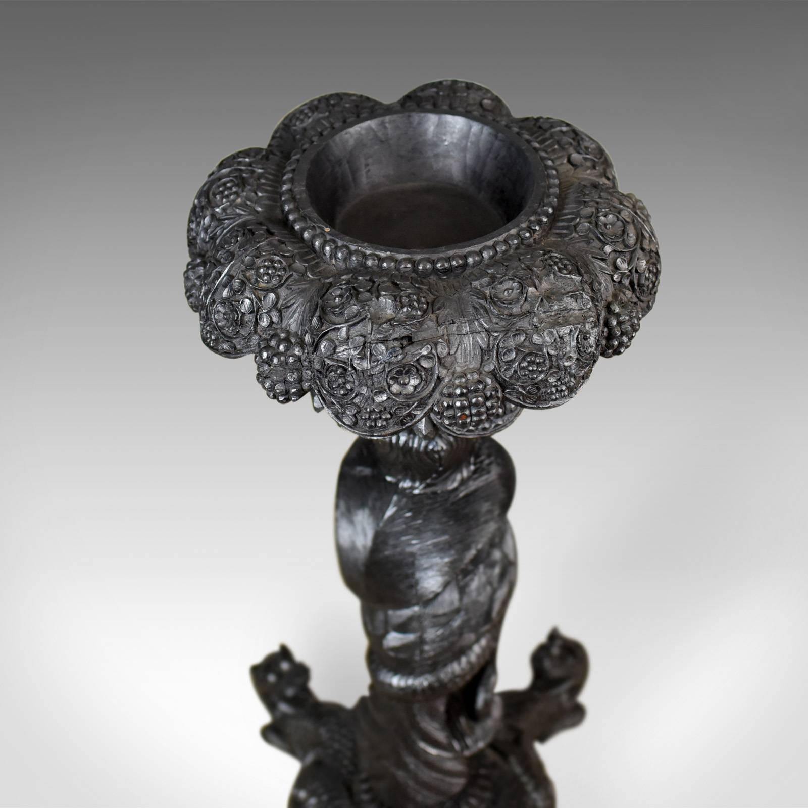 Chinese Export Antique Jardiniere Plant Stand, Carved Asian Torchere, circa 1880
