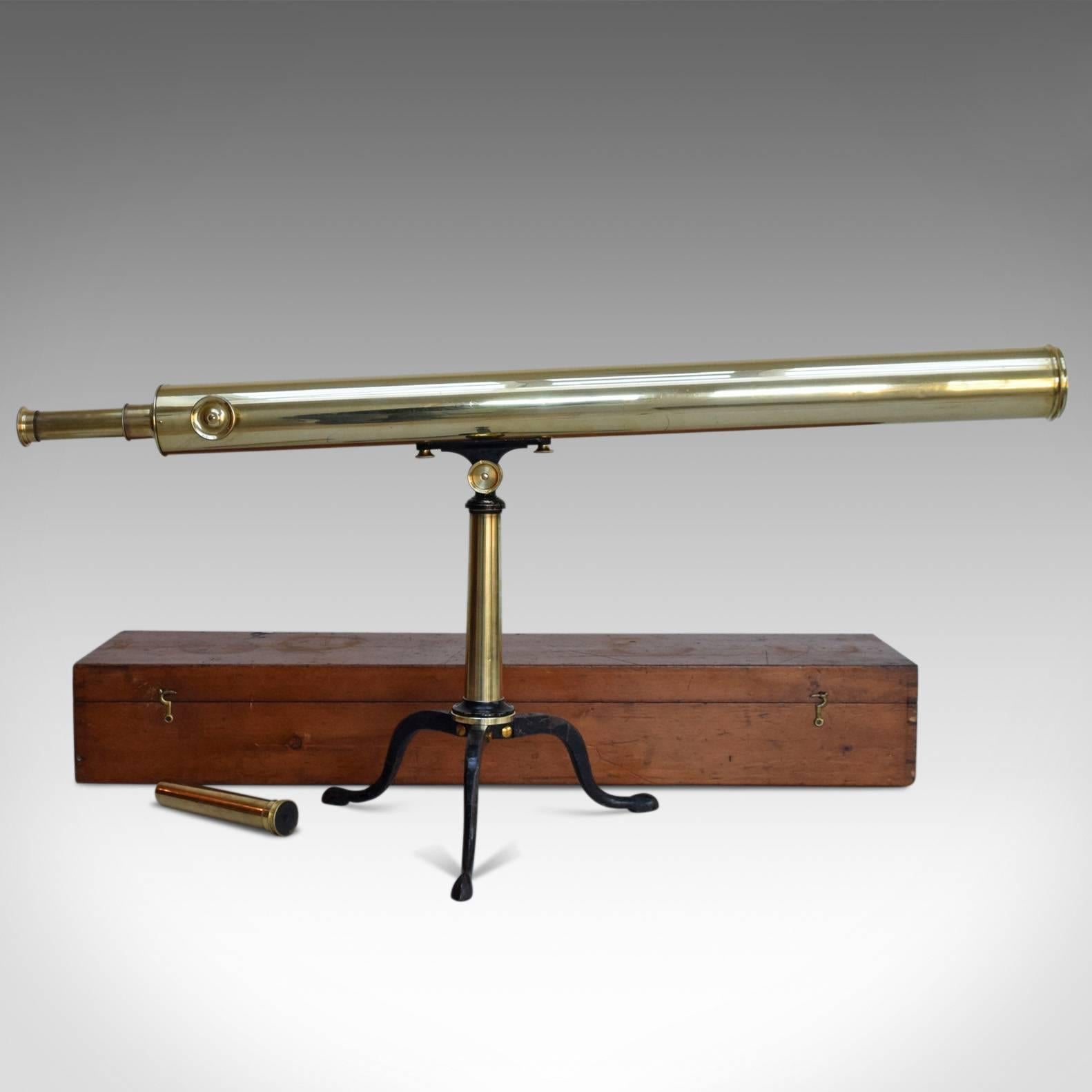 This is an antique library telescope for terrestrial or astronomical use. A Scottish piece from the renowned firm, E. Lennie and dating to circa 1880.

Larger than most presenting a clear, sharp optical performance
Parallel, brass, primary barrel