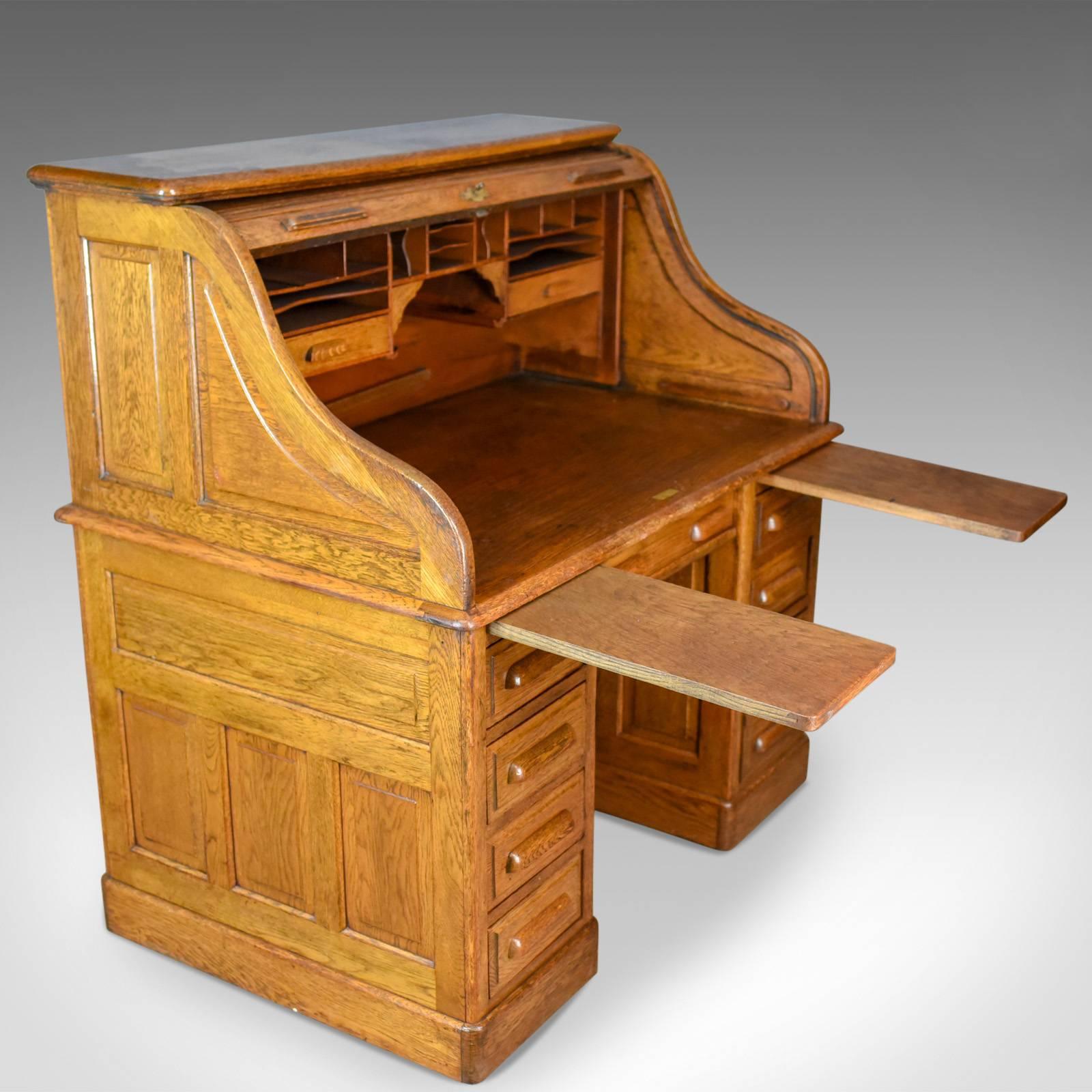 19th Century Antique Roll Top Desk, English, Oak, Victorian, Lock, Tambour, circa 1900