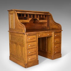 Antique Roll Top Desk, English, Oak, Victorian, Lock, Tambour, circa 1900