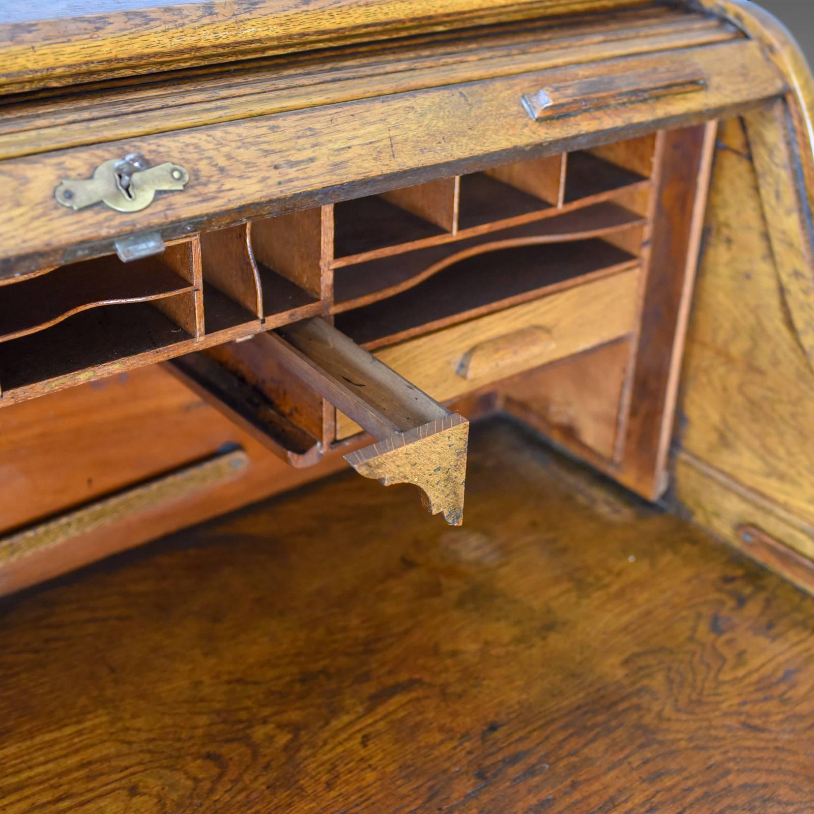 Antique Roll Top Desk, English, Oak, Victorian, Lock, Tambour, circa 1900 1