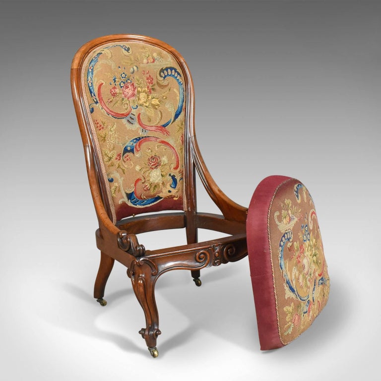 Antique Nursing Chair, English Walnut, Needlepoint Tapestry Antique Nursing Chair, English Walnut, Needlepoint Tapestry Victorian circa 1840 For Sale 1 - Antique Nursing Chair, English Walnut, Needlepoint Tapestry