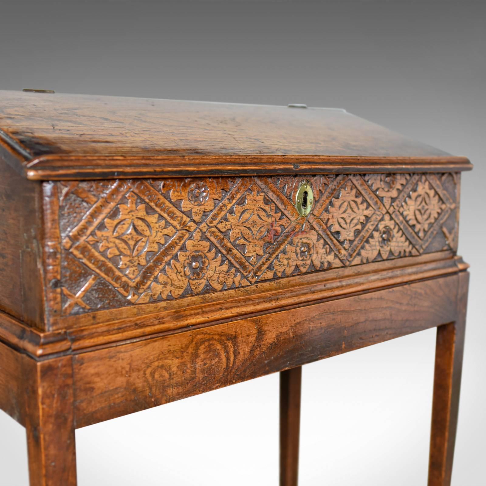 18th Century and Earlier Antique Bible Box on Stand, English Oak Writing Slope 17th Century and Later