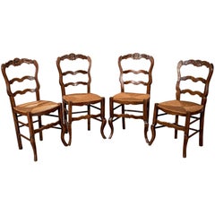 Set of Four Antique Dining Chairs in Dark Beech, French Country Kitchen