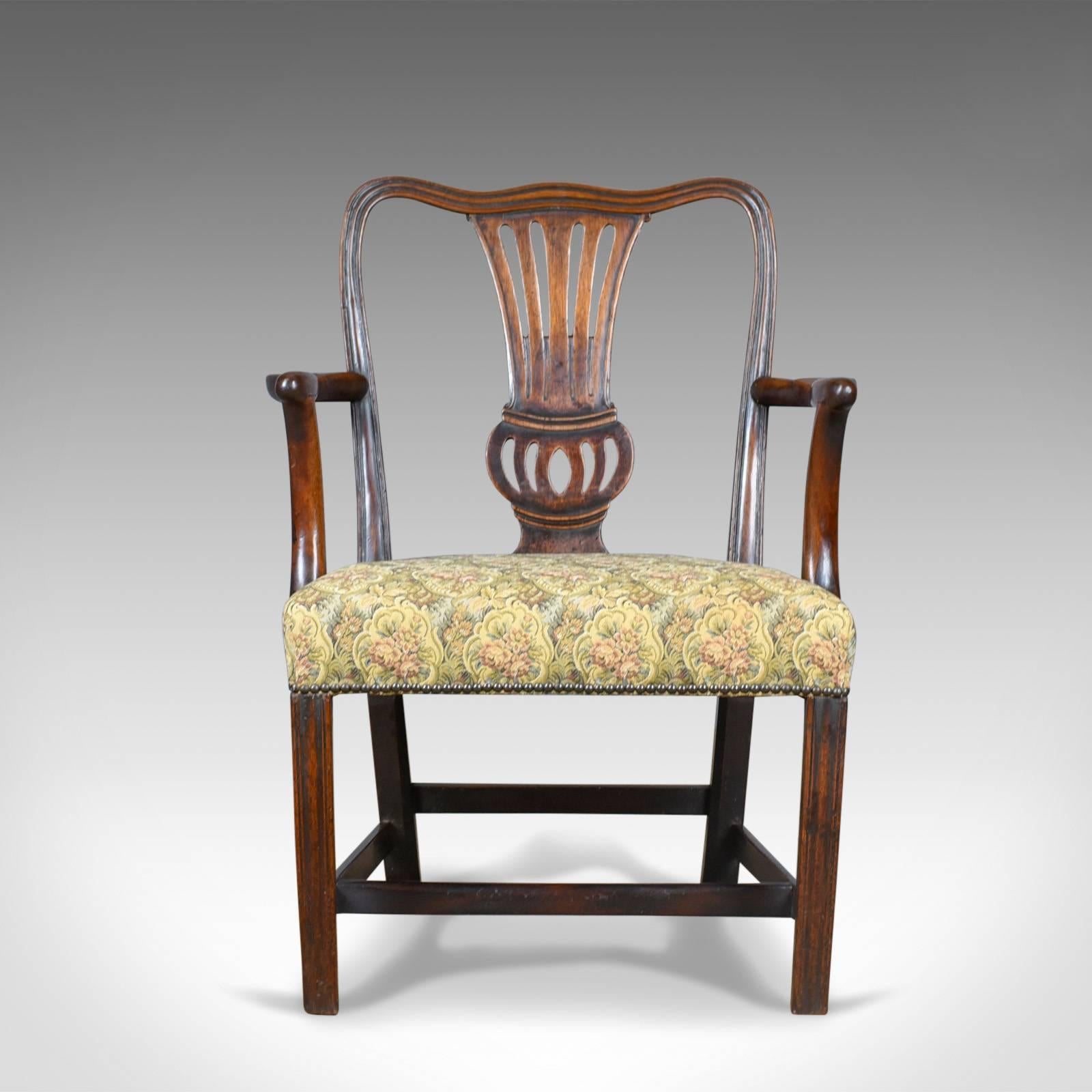 This is an antique elbow chair, an English, Georgian, mahogany open armchair dating to the late 18th century, circa 1780.

Of quality craftsmanship in select mahogany
Displaying good color and a desirable aged patina
Mellow tones with a lustrous