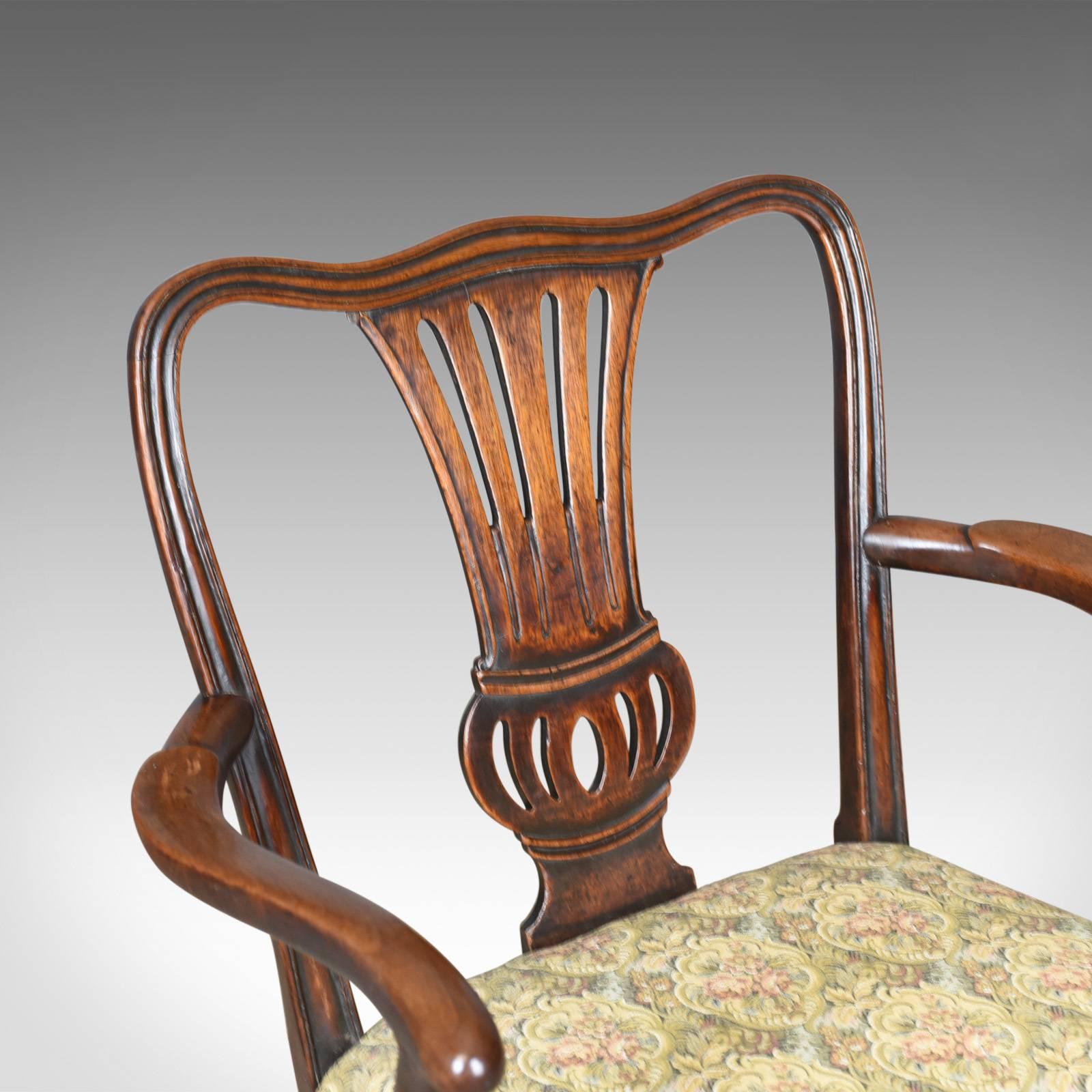 Upholstery Antique Elbow Chair, English, Georgian, Mahogany, Open Armchair, circa 1780