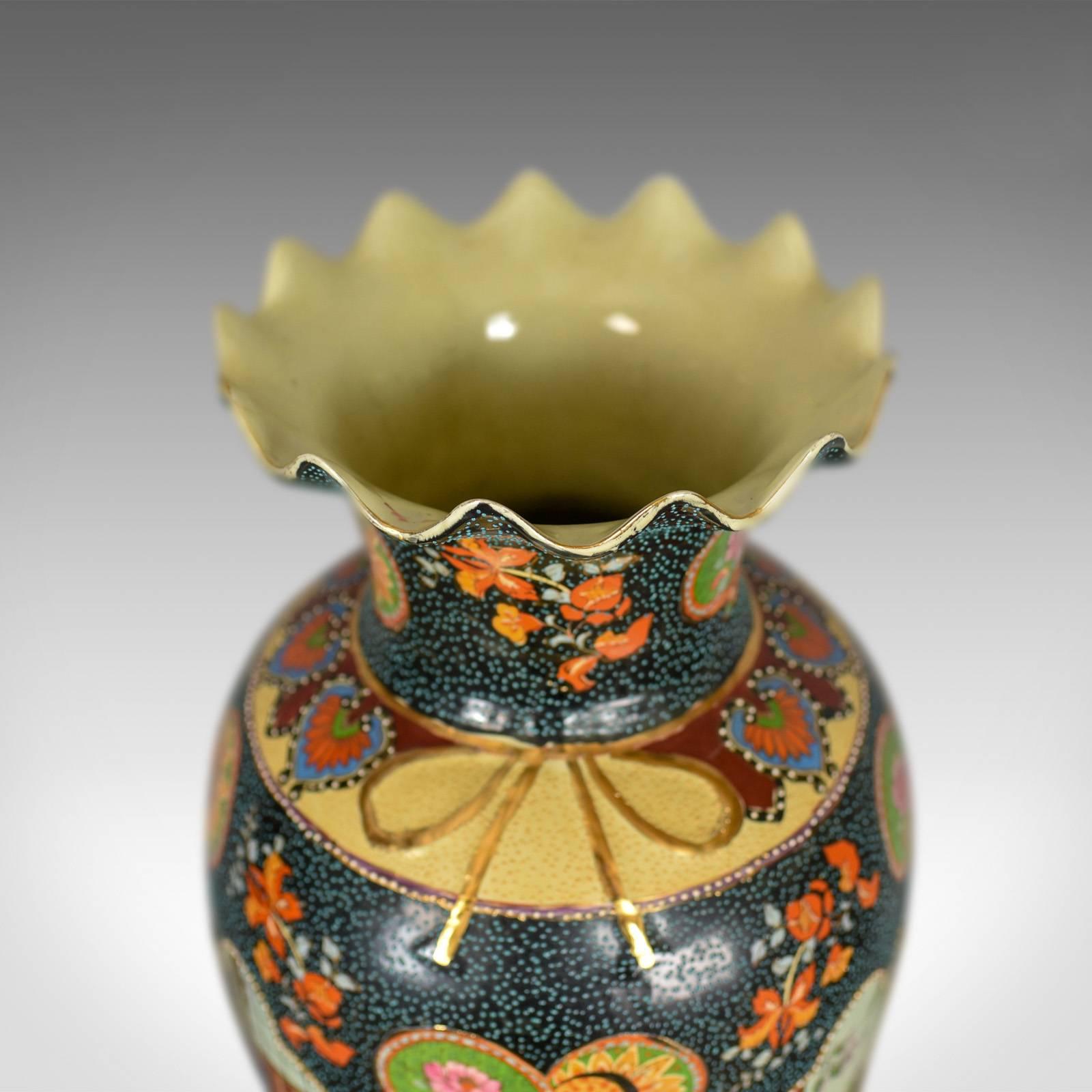 Anglo-Japanese Large Vintage Japanese Baluster Vase, Decorated, Ceramic, Crimped Neck