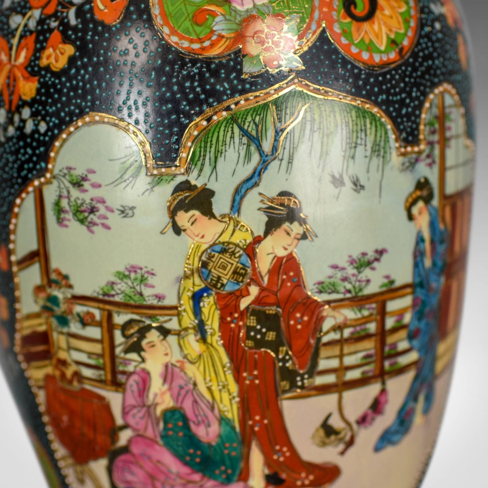 20th Century Large Vintage Japanese Baluster Vase, Decorated, Ceramic, Crimped Neck