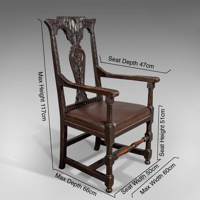 Oak Carver Elbow Hall Dining Chair Leather Seat, English, Victorian
