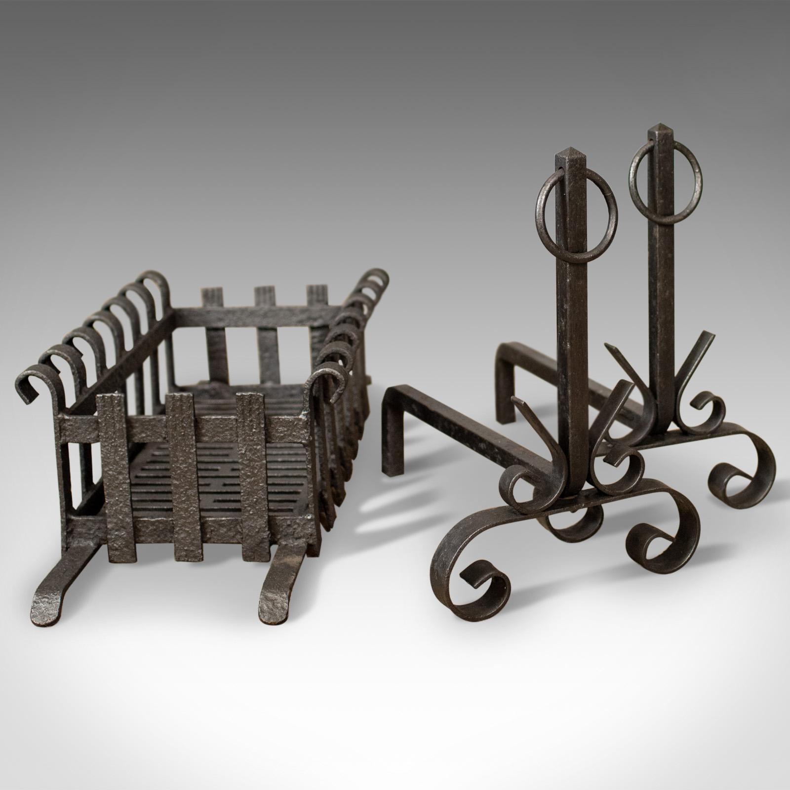 19th Century Antique Fire Basket on Andirons, Fire Dogs, English, Fireplace Grate, circa 1900