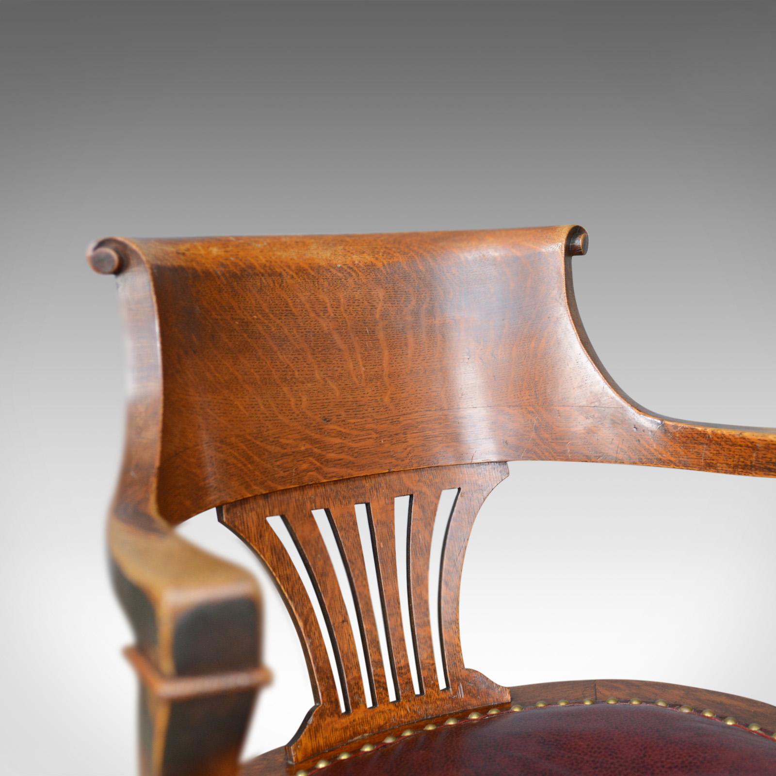 20th Century Antique Elbow Chair English Oak Leather Office Desk Captains, Study, circa 1910