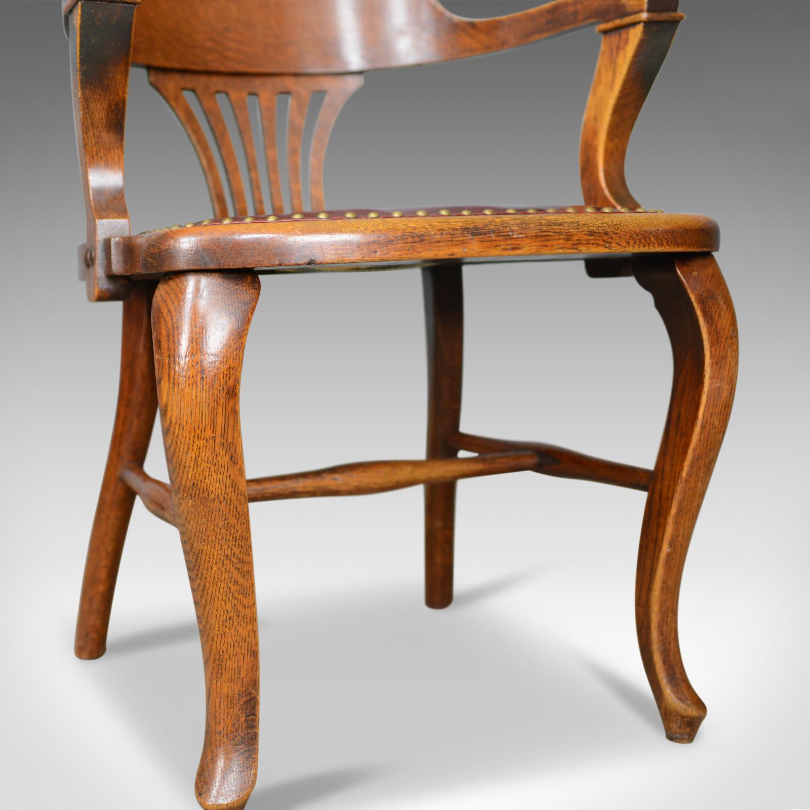 Antique Elbow Chair English Oak Leather Office Desk Captains, Study, circa 1910 3