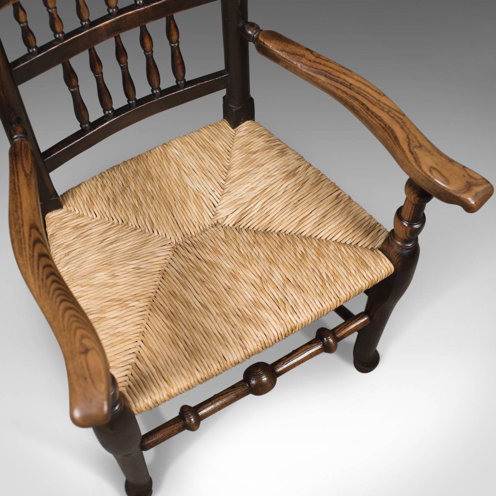 English Antique Elbow Chair, Victorian Lancashire Spindle Back Dining, circa 1870