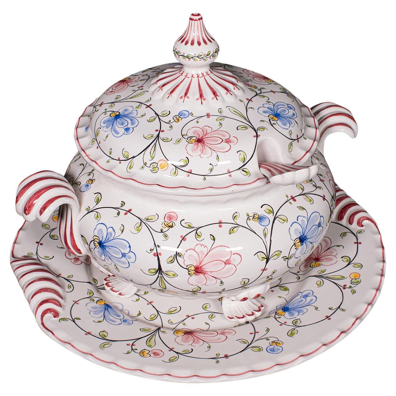 Vintage Soup Tureen Service, Portuguese, Ceramic Serving Set, Table Centrepiece For Sale